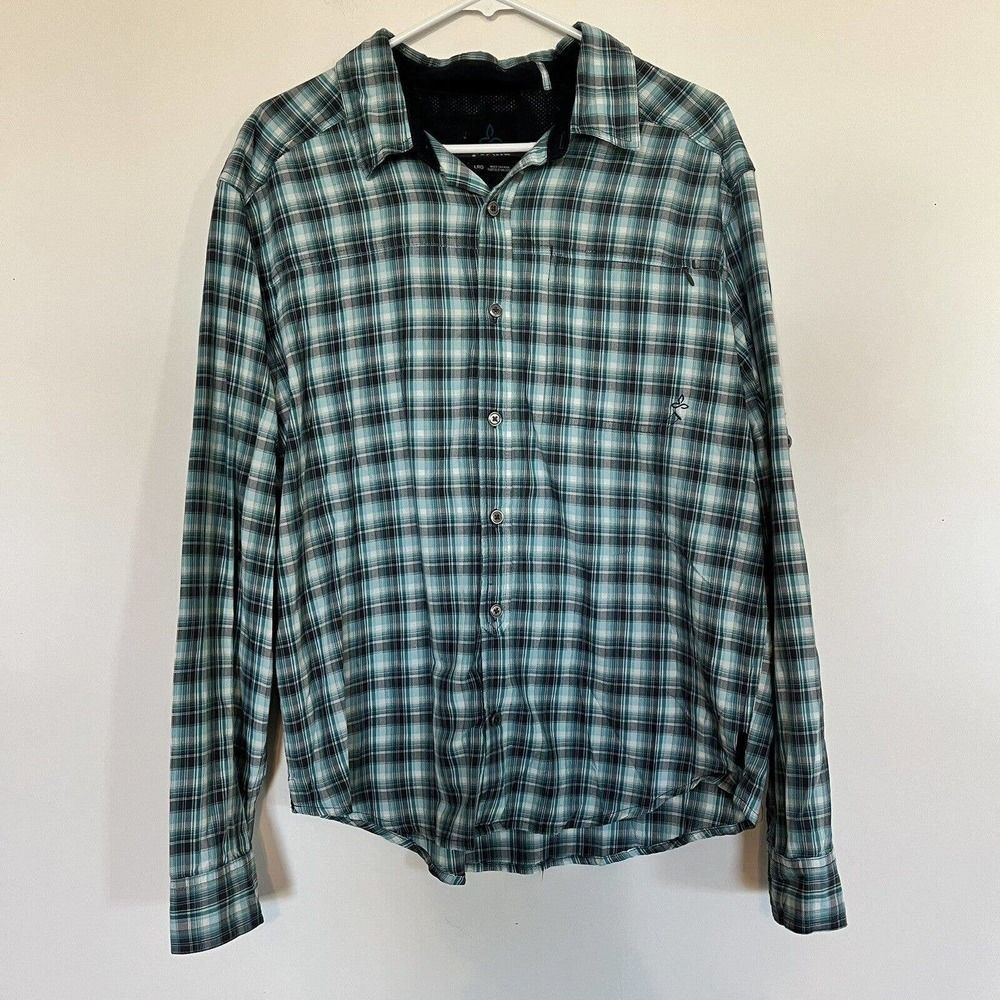 PrAna Long Sleeve Button Up Shirt Green Plaid Quick Dry Nylon Men’s Large Pocket